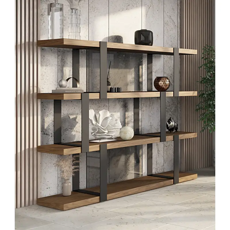 Modern Walnut & Black Steel Bookshelf with Glass Back Panels - 4 Shelves