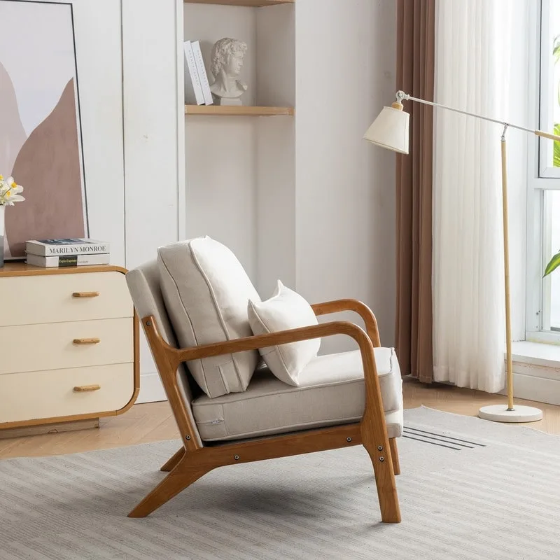 SEYNAR Mid Century Boucle Uplostered Soild Wood Accent Armchair with Pillow