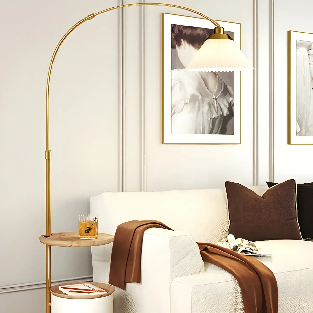 71Wooden Arc Floor Lamp with Storage Shelf for Living Room