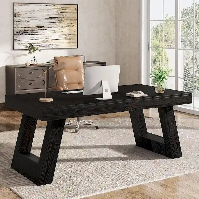 Black / Brown Wood Executive Desk – Vintage Style, Single Use