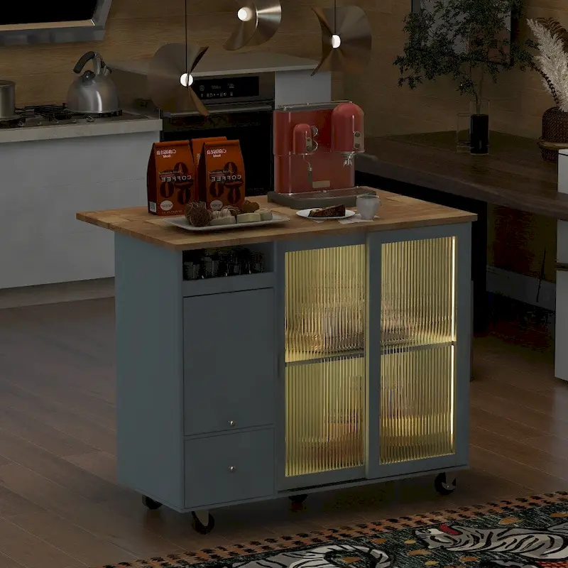 LED Light Kitchen Cart with Drop Leaf and Adjustable Shelf