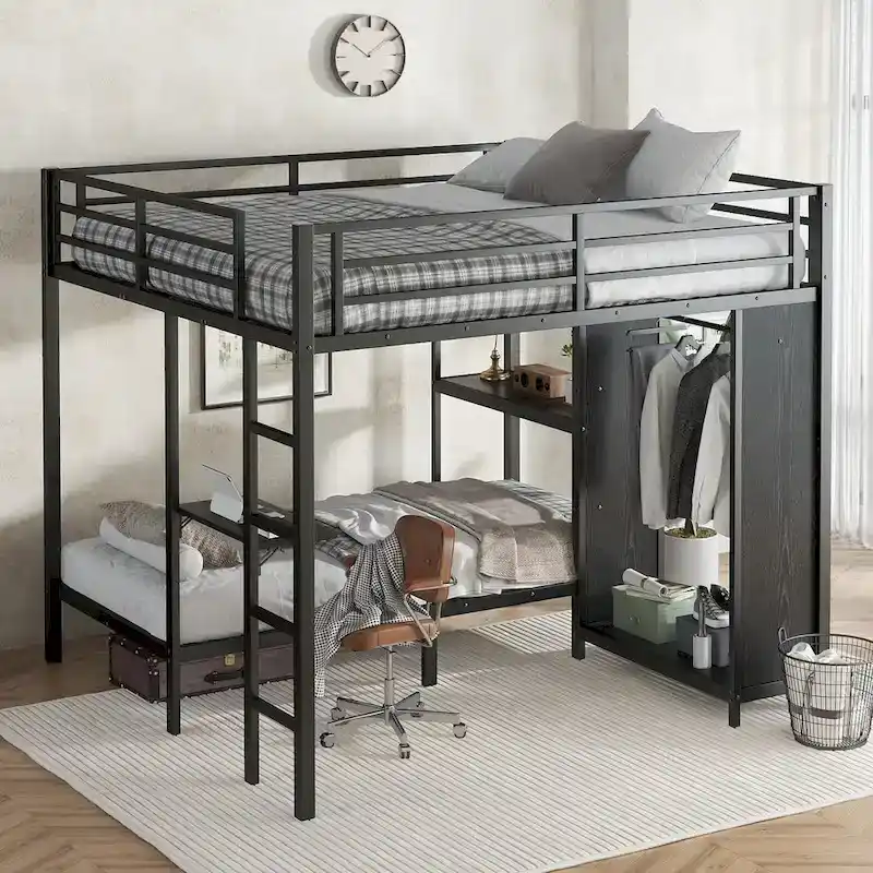 King over Twin XL Size Bunk Bed Frame with Built-in Wardrobe, Metal Bunk Bed with Foldable Desk and, Black