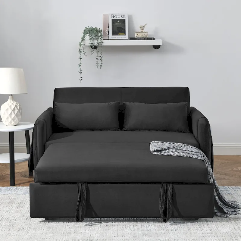 Modern Convertible Velvet Loveseat Sofa Sleeper Sofa Bed with 2 Pillows