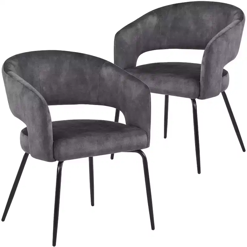 LeisureMod Dining Chair Upholstered in Velvet/Leather with Open Curved Backrest and Powder-Coated Iron Legs Gavin Collection Set of 2