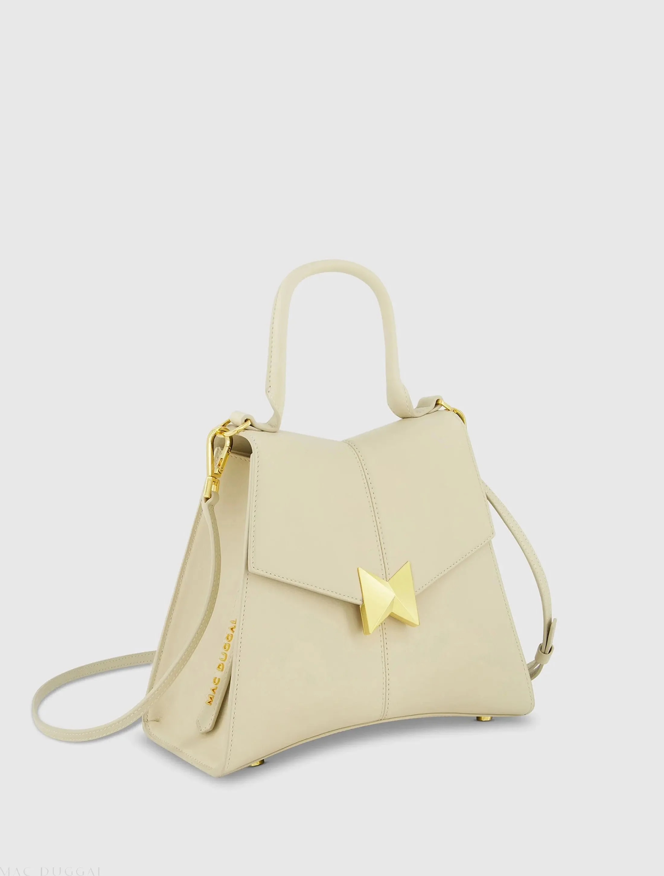 White Medium Angular Leather Handbag With Gold Hardware