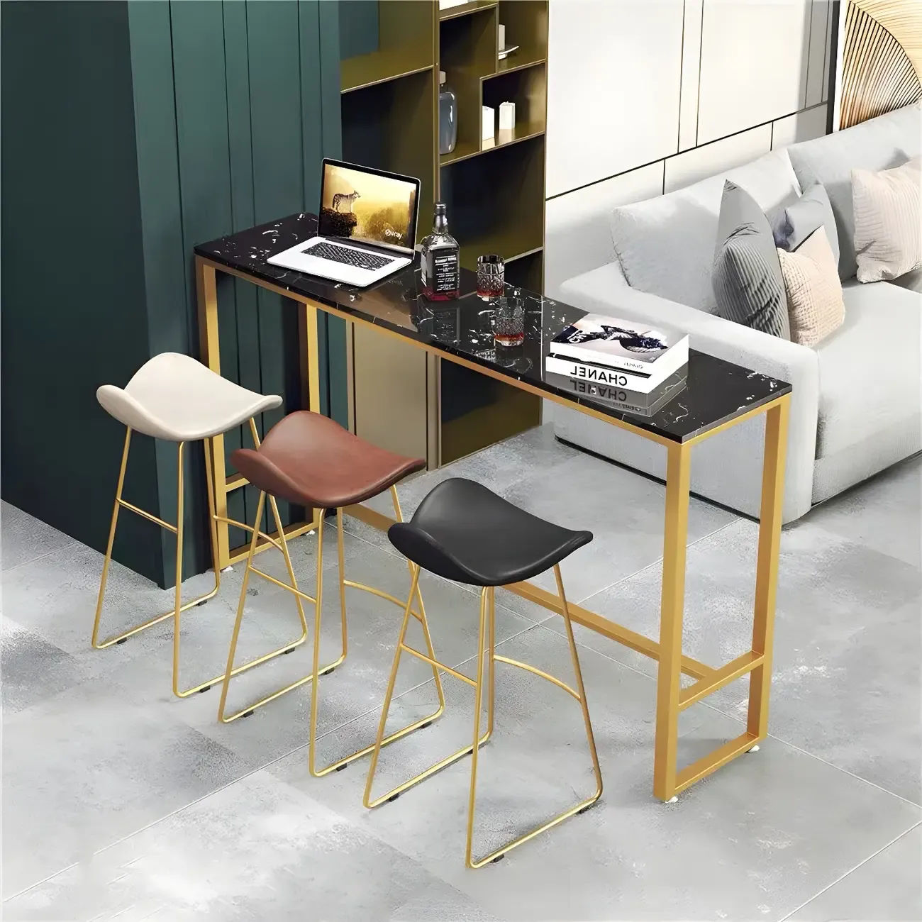 Modern Marble Counter Height Table with Trestle Design