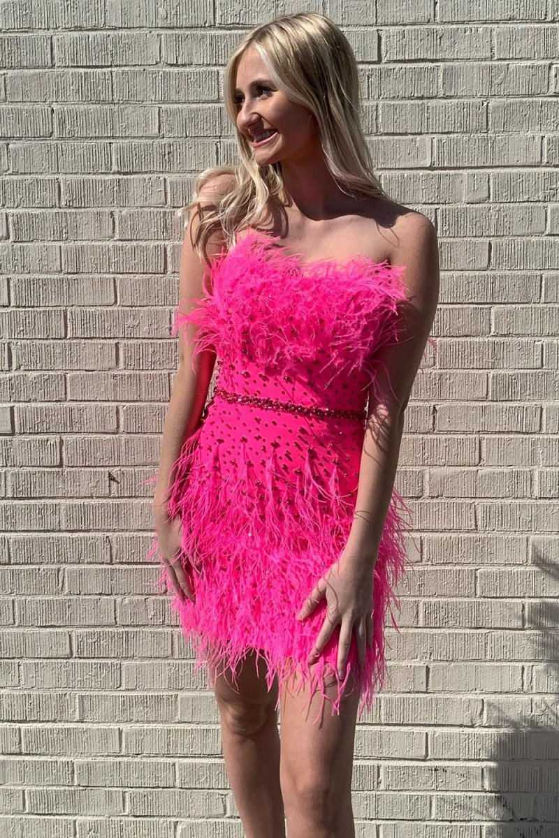 Sheath Strapless Hot Pink Feathers Short Homecoming Dress with Beaded Belt