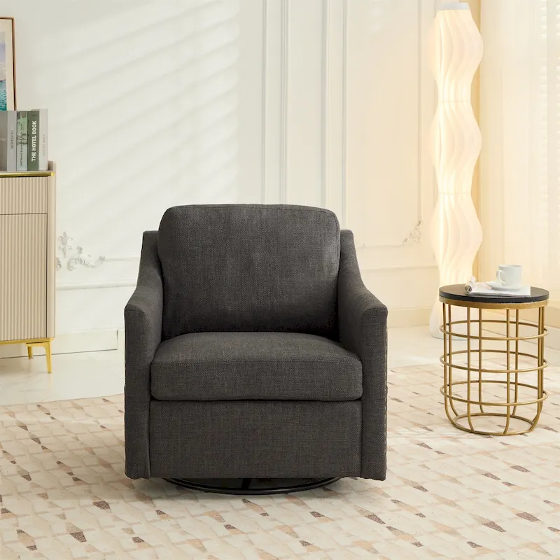Dark Grey / Cream White Fabric Swivel Accent Chair, 360° Rotating, Single Seat