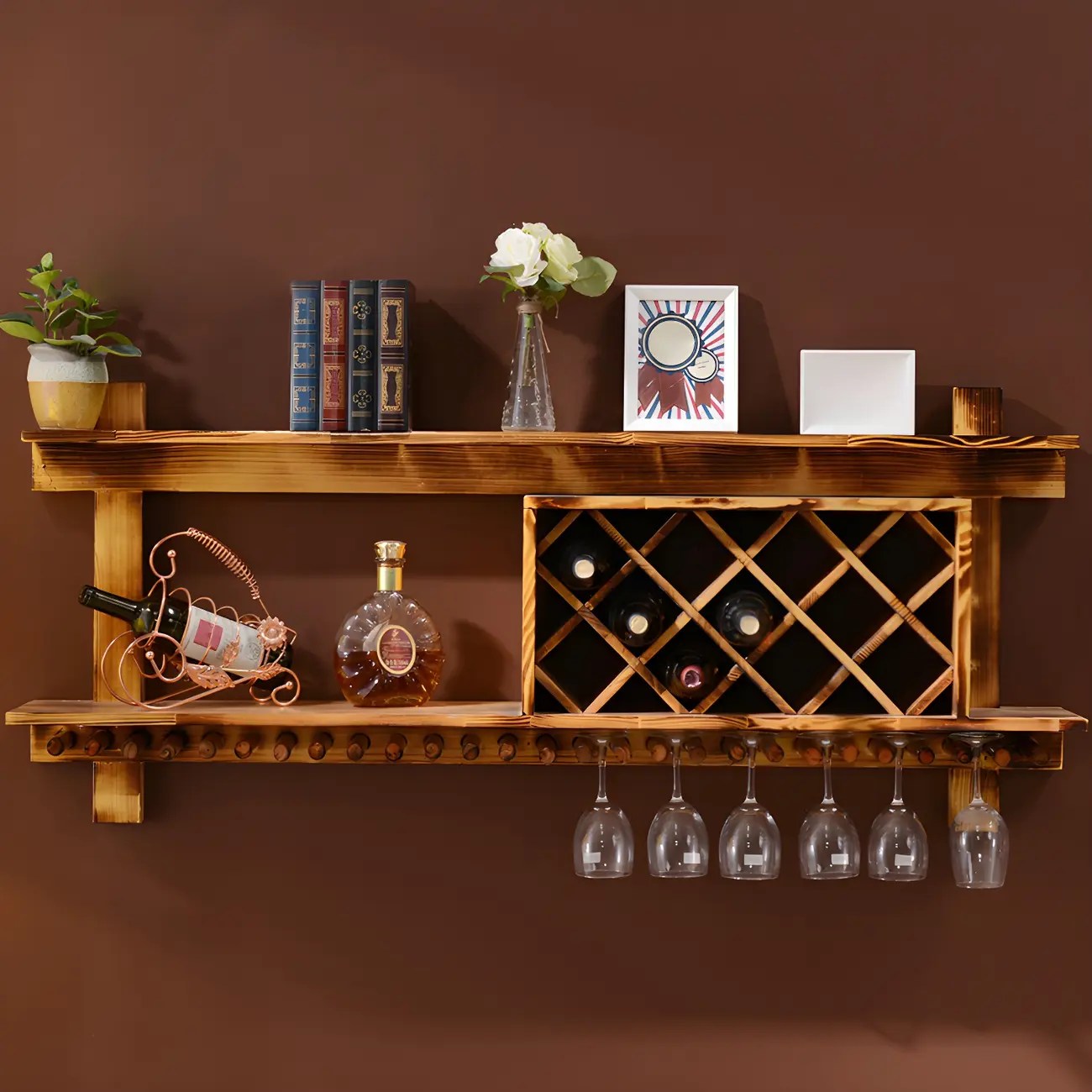 Pine Wooden Wall-Mounted Display Open Wine Bottle & Glass Rack