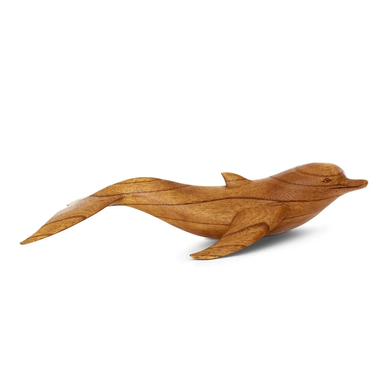 Wooden Hand Carved Swimming Dolphin Statue Sculpture Wood Decorative Home Decor Figurine Handcrafted Handmade Seaside Tropica