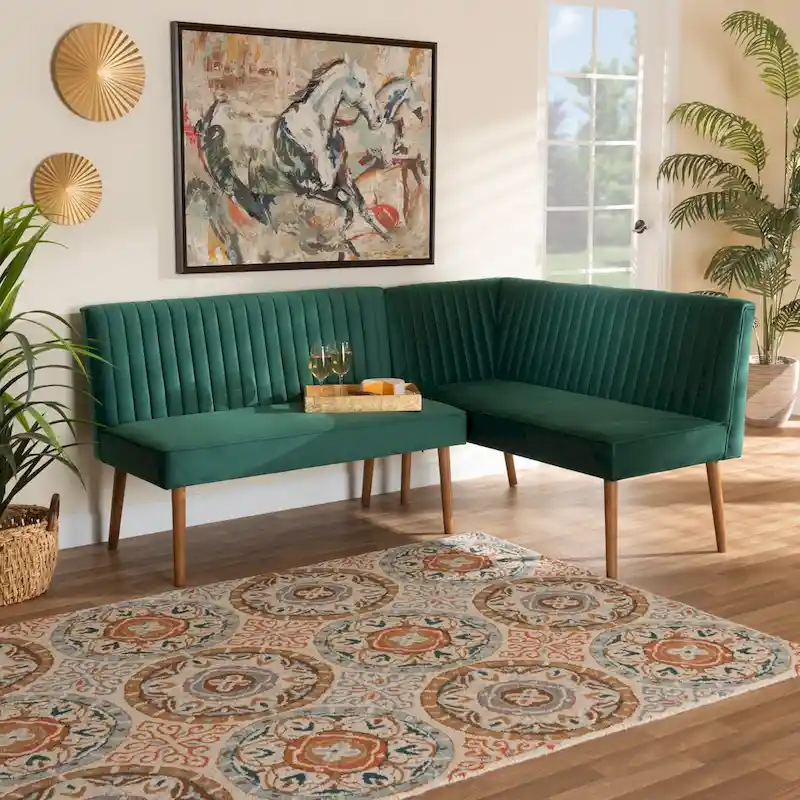 Grey & Walnut Brown Mid-Century Velvet Dining Banquette Set, 2-Seater + Corner, 2-Piece