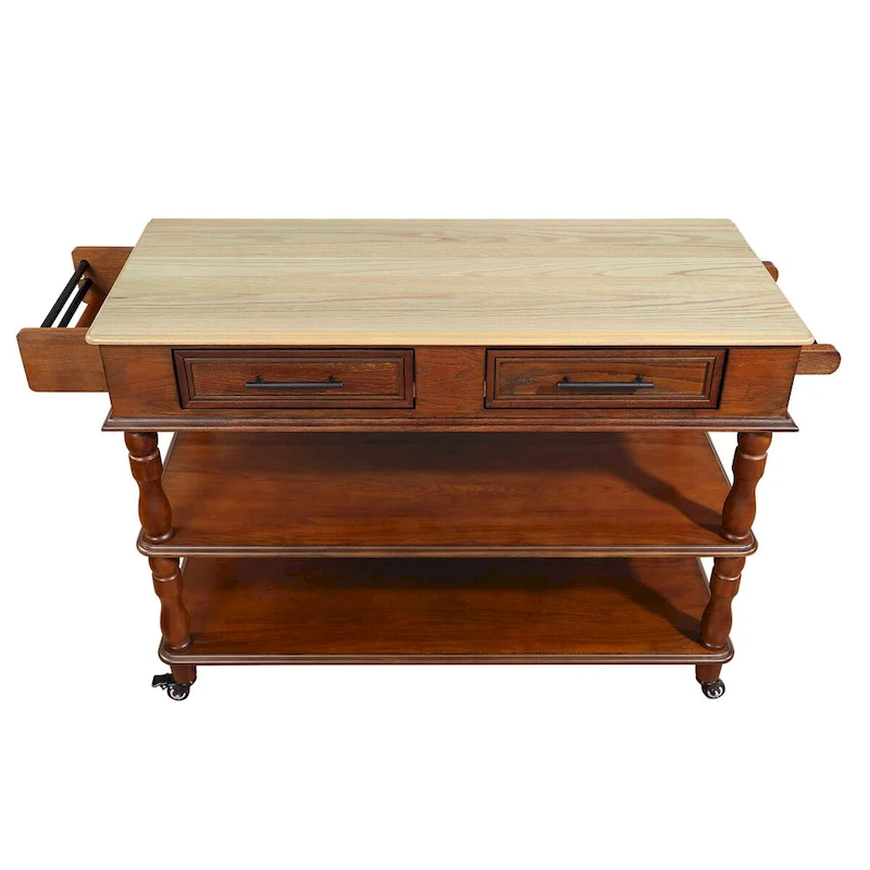 Rolling Kitchen Island Cart with Solid Oak Wood Top, Wine and Spice Rack