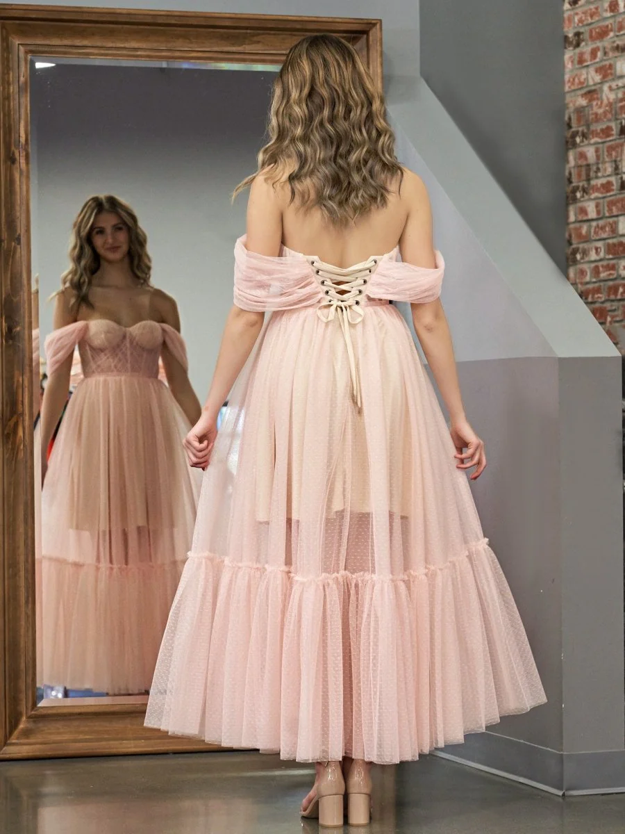 A-Line Rose Pink Tulle Sweetheart Tea-Length Prom Dress