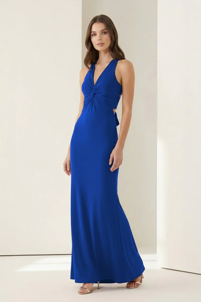 Pink Halter Mermaid Pleated Open Back Long Prom Dresses