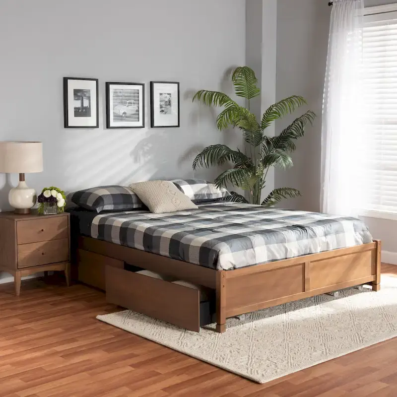 Walnut Brown Platform Bed Frame with 4 Storage Drawers