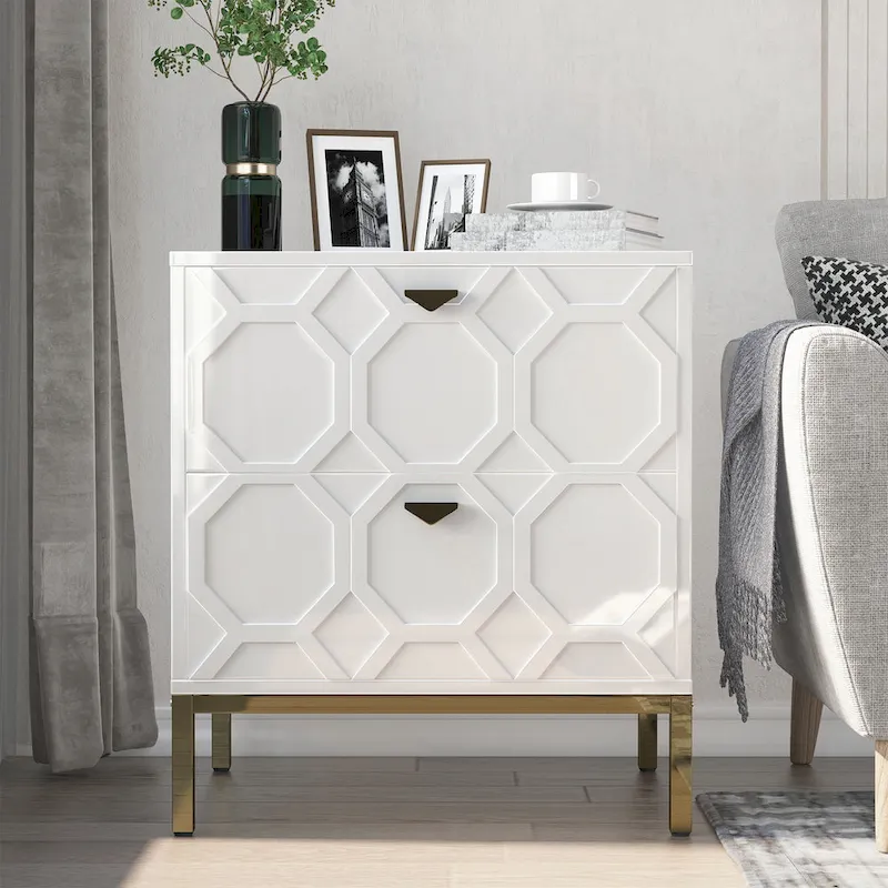 Wooden 2-Drawer Storage Nightstand with Gold Metal Legs