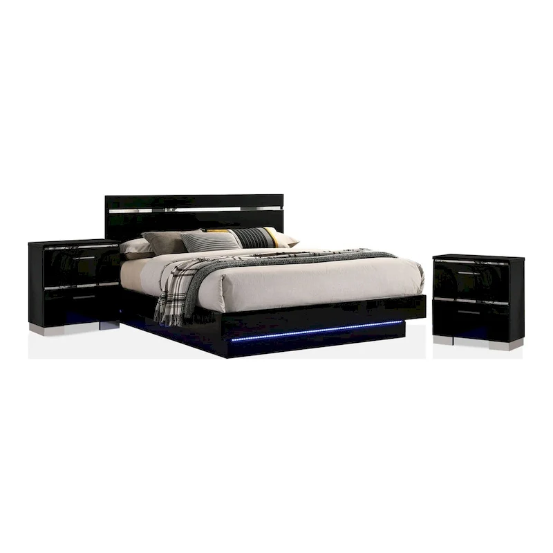 Benvolio Contemporary Black Wood LED 3-Piece Panel Bed with 2 Nightstands Set with USB Port by