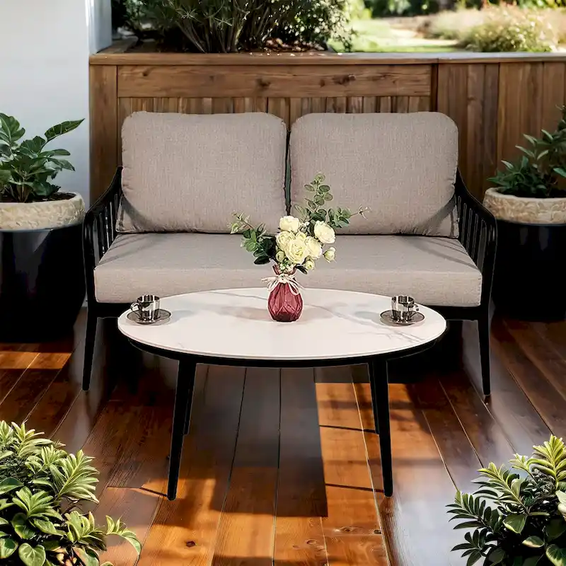 Modern Outdoor Conversation Set: Aluminum Loveseat and Oval Coffee Table in Ember Black