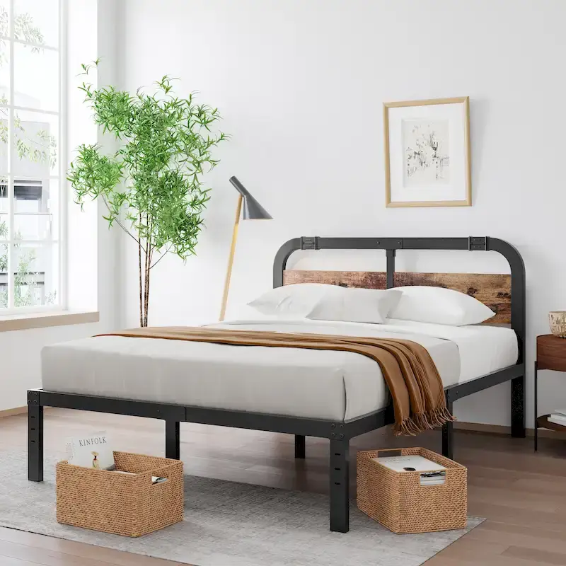Heavy Duty Anti-Sway 40 Inch Iron Bed With Solid Wood Headboard