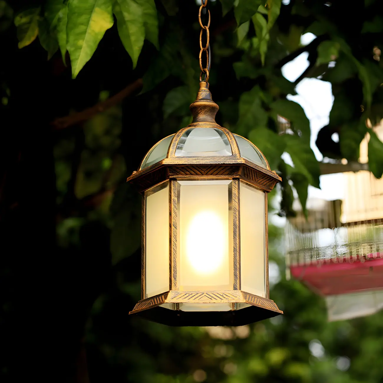 Vintage Black Metal Hexagon Outdoor Pendant Light