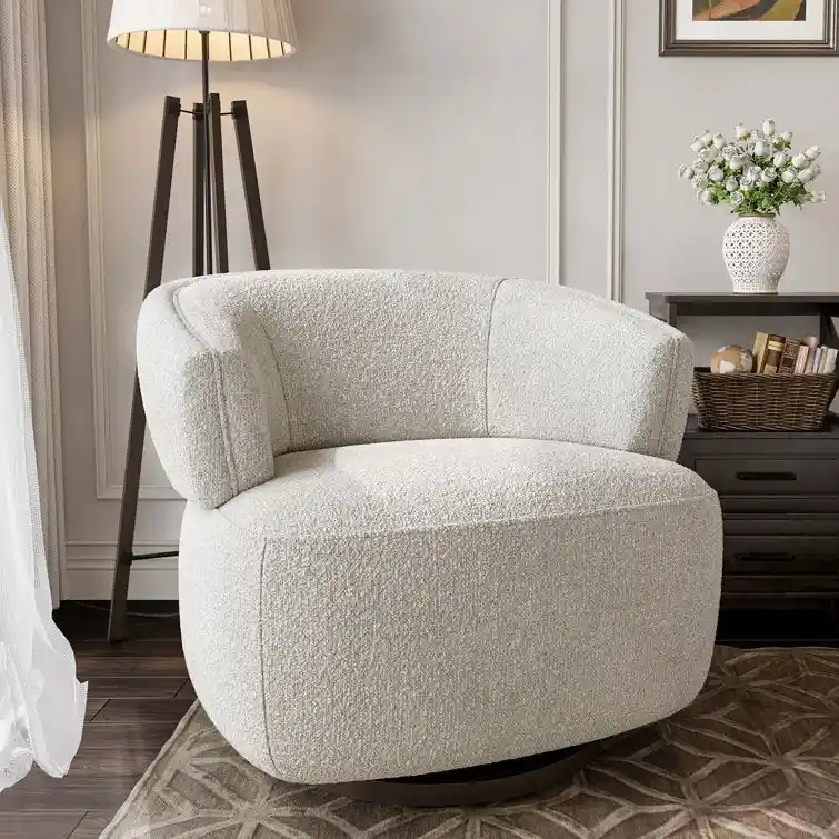 Beige / Grey Upholstered 360° Swivel Barrel Accent Chair – Single