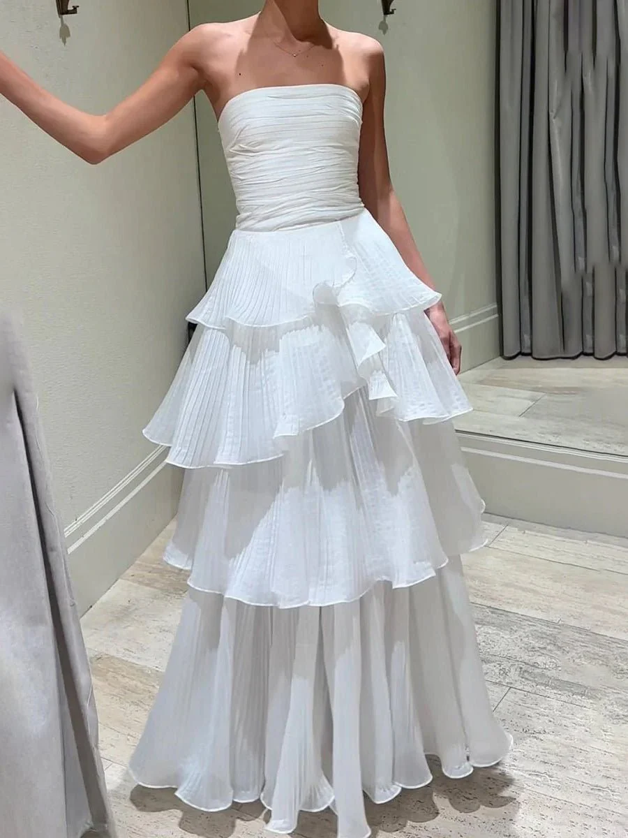 Cute A-Line  Chiffon Strapless Tiered Wedding Dresses