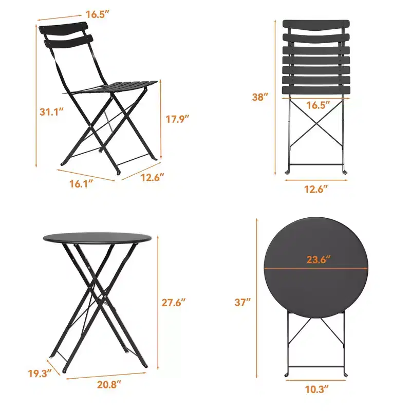 3 Piece Folding Patio Bistro Set, Outdoor/Indoor Bistro Table and Chairs Set with Metal Frame, Portable Round Table with 2 Chairs for Garden Porch