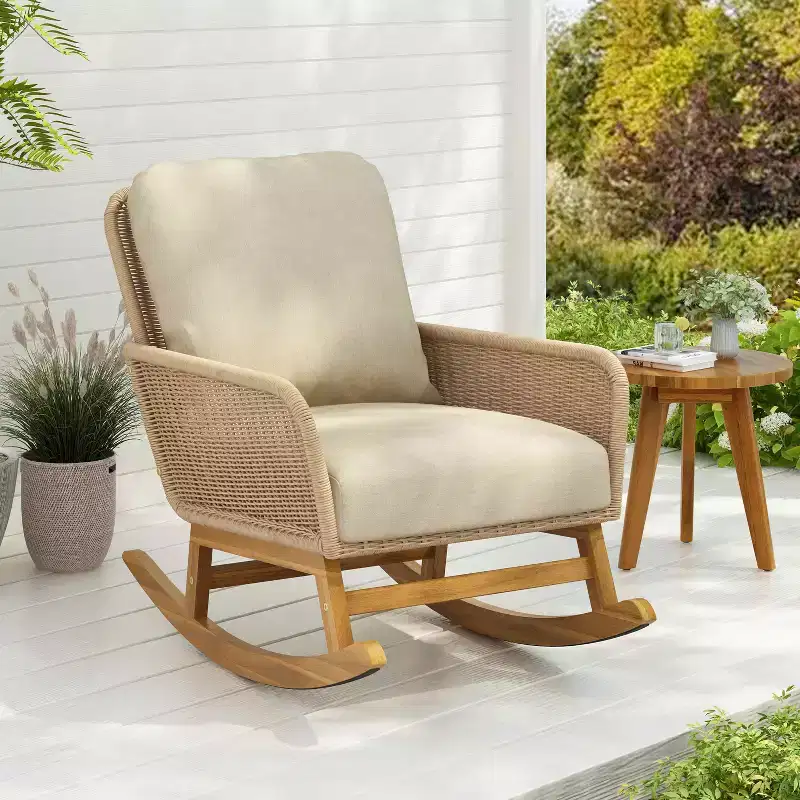 MAYEERTY Contemporary Beige Wicker Rocking Chair, Polyester Cushion Wooden Frame Chair for Patio Balcony Living Room