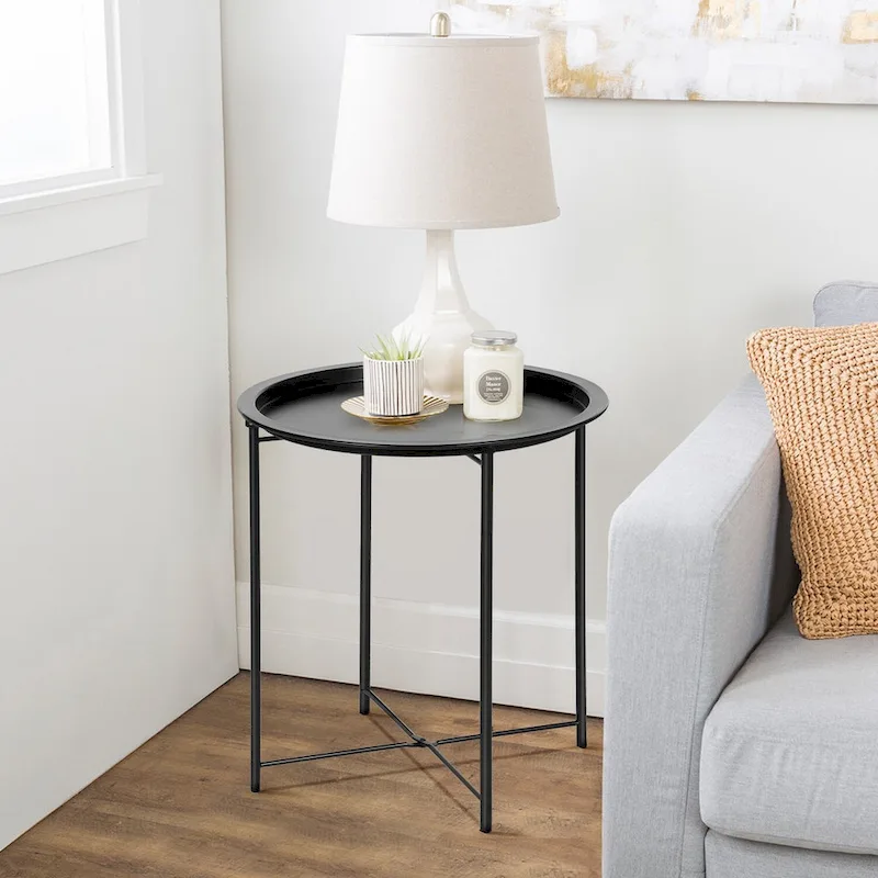 Folding Round TV Tray Table, Small Round Steel Side Table, No Assembly Required - 18.5 x 18.5 x 19.7 in