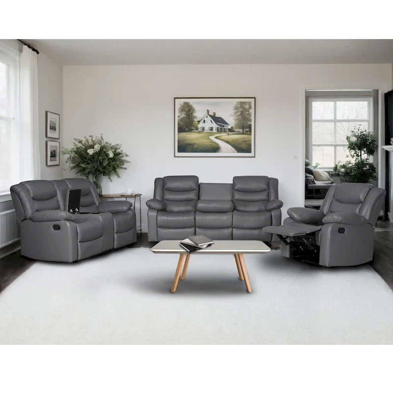 Faux Leather Manual Reclining Living Room Sofa with Dropdown Table and Console