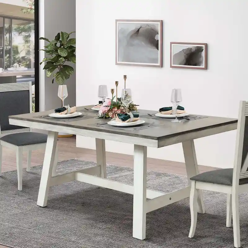 Rectangular Dining Table, Distressed Off White & Natural Wood, Seats 6