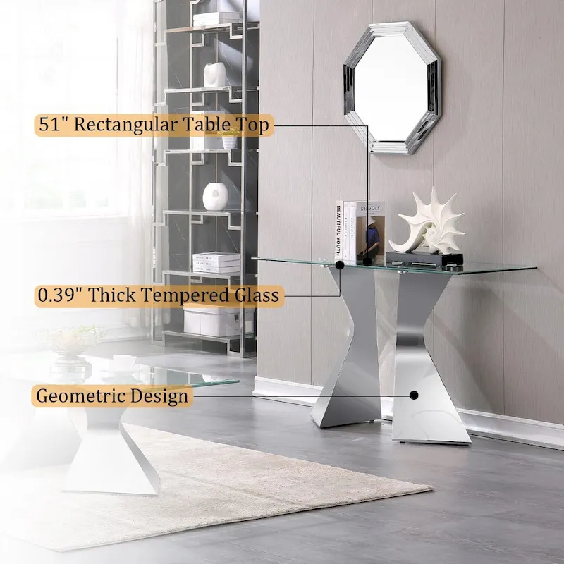 Luxury 51 inch Console Table Rectangular Sofa Entryway Console Table with Rectangle Tempered Glass Top and Metal Legs