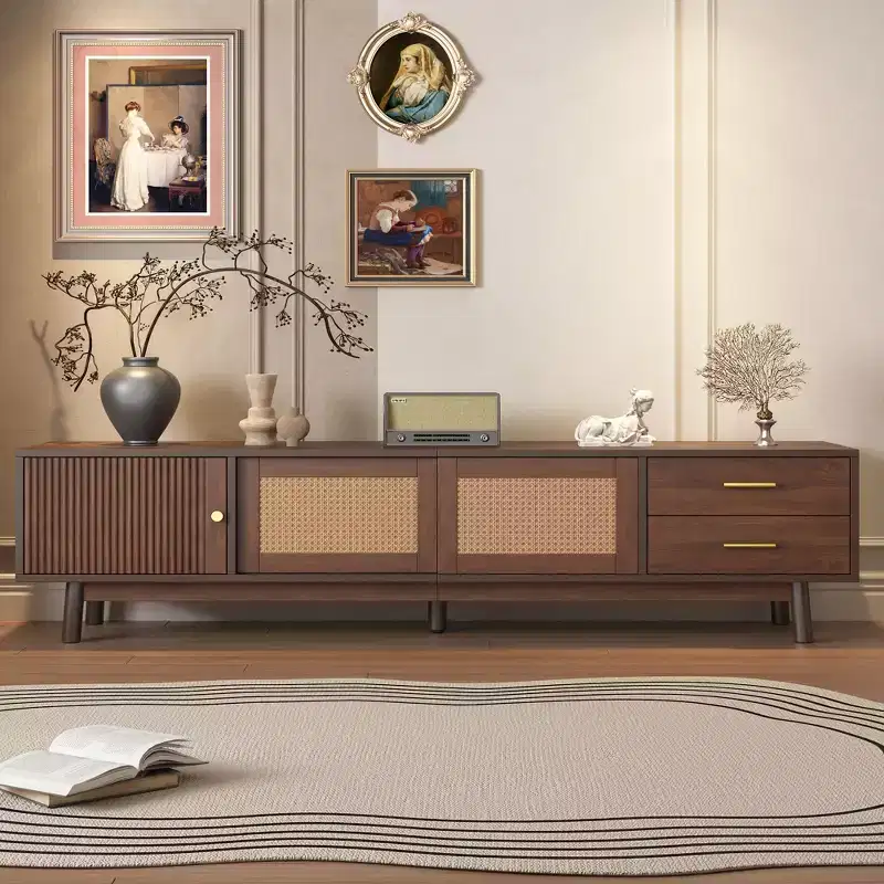 Mid Century TV Stand with Doors for 80 inch TV, Wood TV Storage Cabinet Table with Drawers and Solid Wood Legs for Living Room, Dark Brown