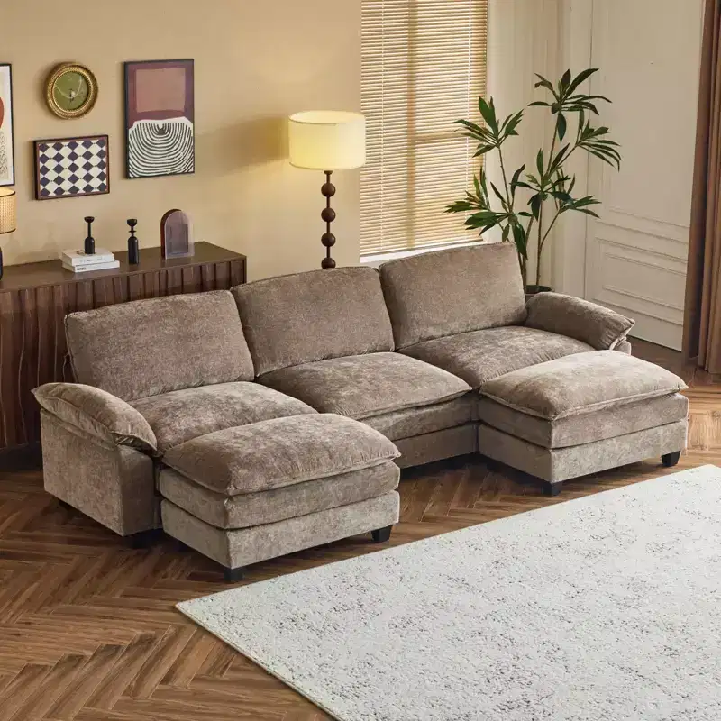 Karl Home |120 in. W Pillow Top Arm Double-layer Cushion Chenille Sofa in Blue With Ottoman