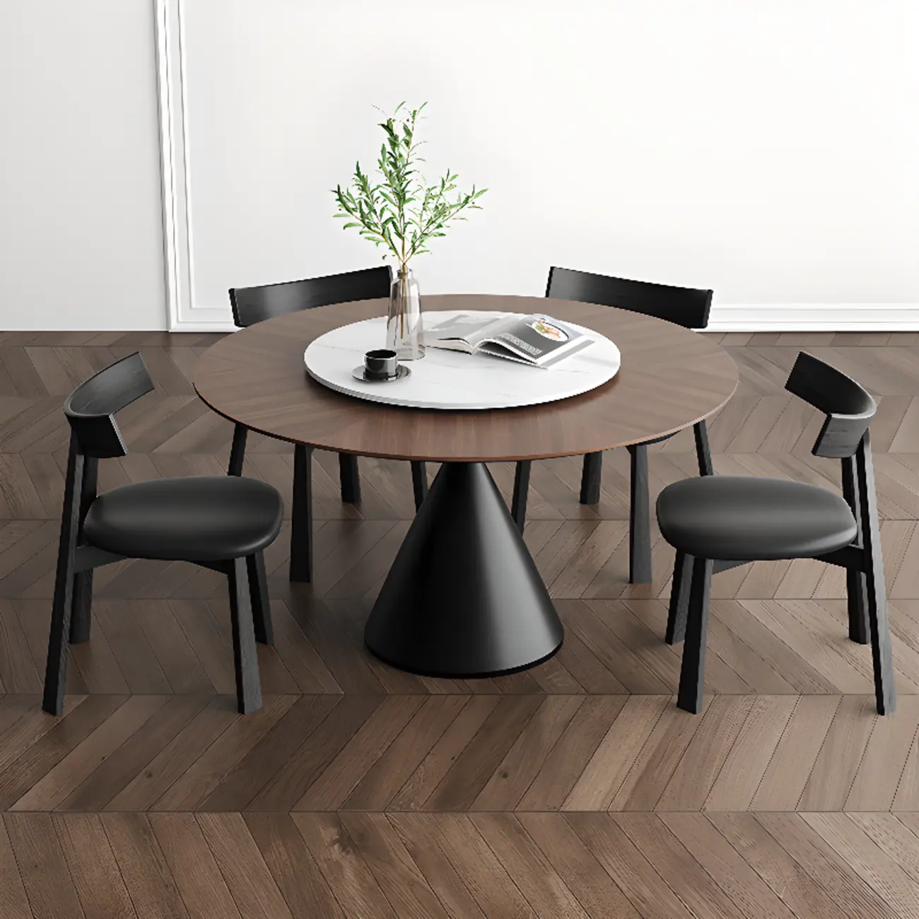 Modern Black Wood Pedestal Round Dining Table