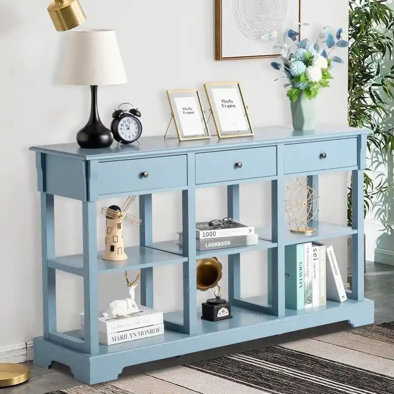 Light Sky Blue / Black / White Console Table with 3 Drawers & Shelf, 1-Person Use