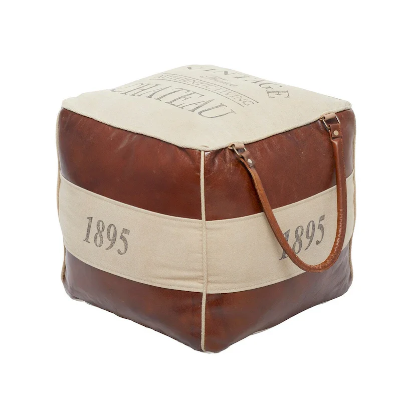 Canvas Pouf with Leather Handles - Gray, Brown, White, Cream or Beige