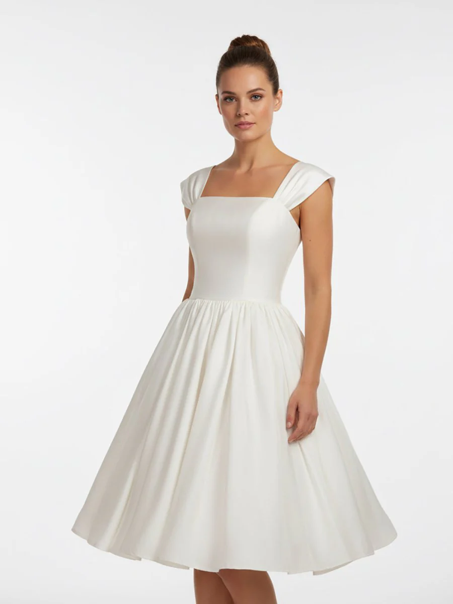 Straps Sleeveless Lace-Up Back Tea-Length Satin Wedding Dress