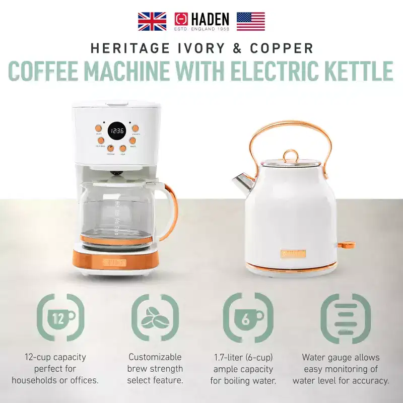 Haden Coffee Machine, 12 Cup Drip Coffee Maker Bundled with Heritage 1.7 Liter Stainless Steel Electric Kettle, Ivory  Copper