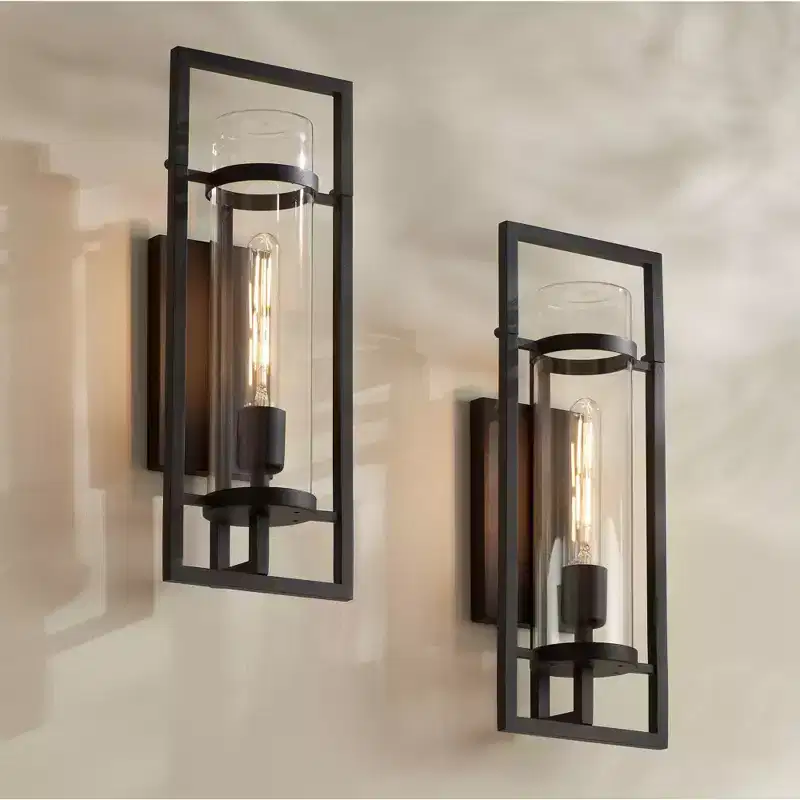Possini Euro Design Castello 18 High Modern Outdoor Wall Light Fixture Mount Porch House Set of 2 Black Marine Grade Finish Clear Glass Shade