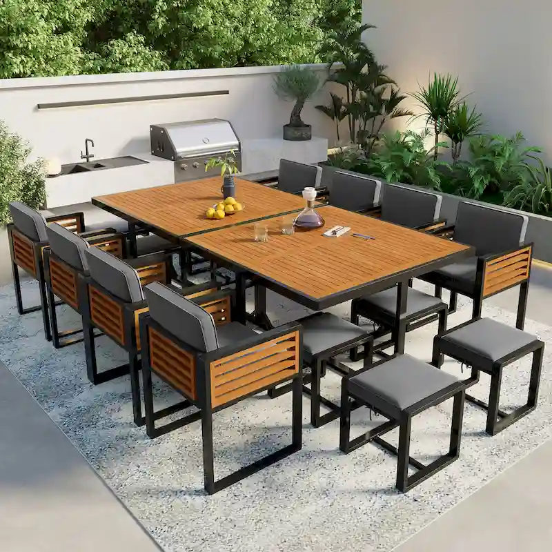 9-Piece/18-Piece Acacia Wood Patio Dining Set, Outdoor Dining Table Set with Cushioned Chairs, Ottomans and 1 Square Table