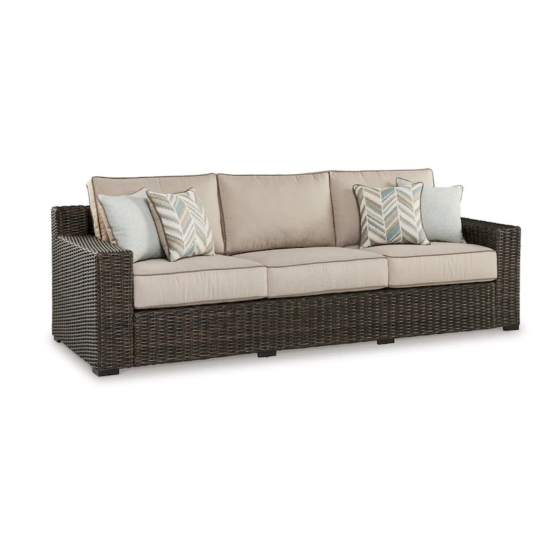 Waga 97 Inch Outdoor Sofa, 4 Throw Pillows, Brown Resin Wicker, Beige
