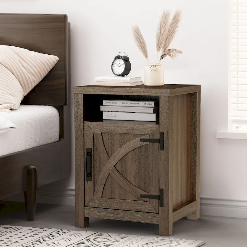 Walnut/Grey/White Barn Door Nightstand with Storage Shelf