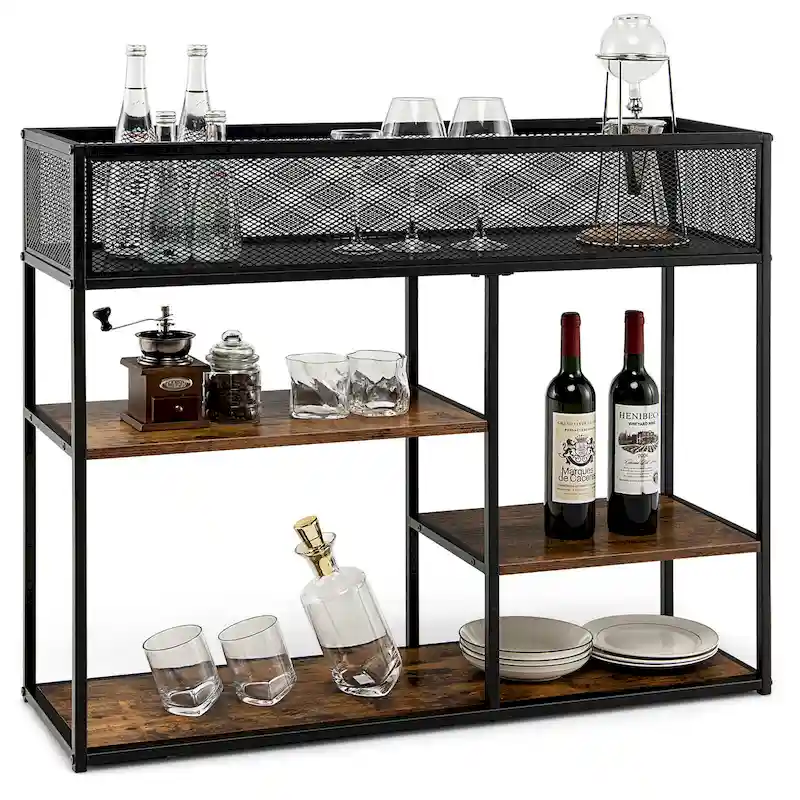 4-Tier Narrow Console Table with Wire Basket & Shelf