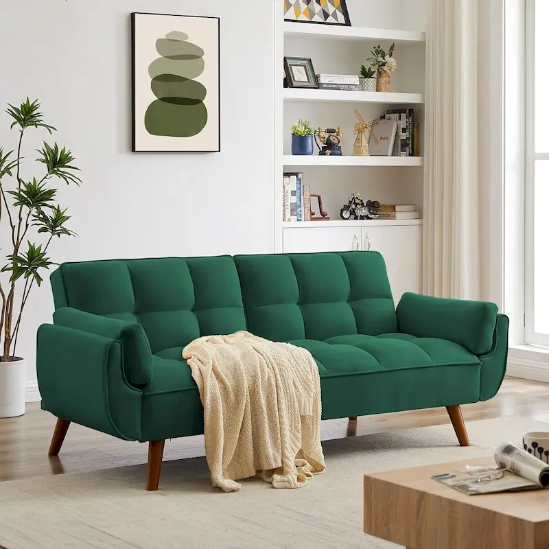 Green / Light Gray / Yellow / Dark Gray / Beige Velvet Futon Sofa Bed, Adjustable Backrest, 2-Seat