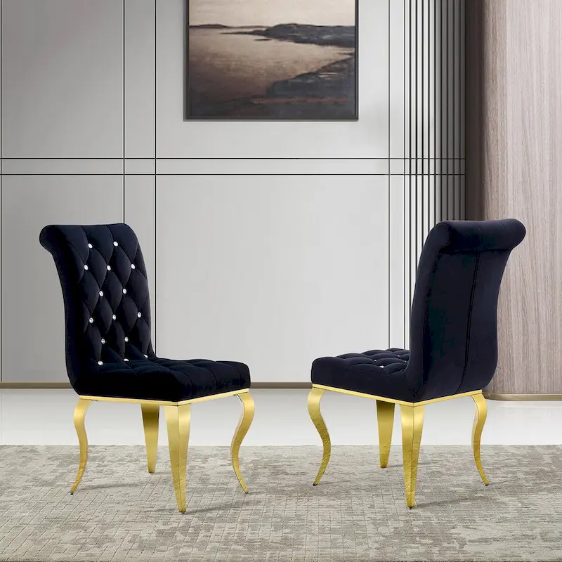 Luxury Black Velvet Upholstered Dining Chairs with Polished Gold Legs