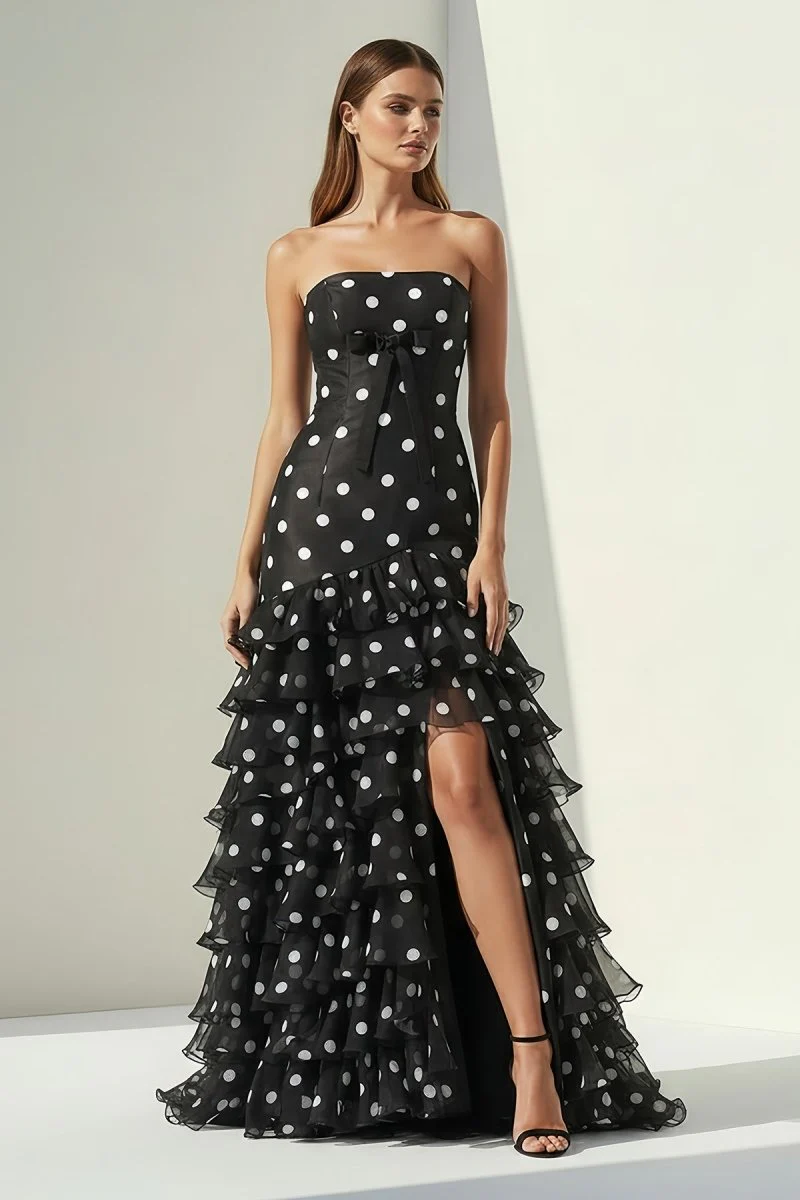 Black Strapless Sheath Polka Dots Chiffon Ruffled Prom Dresses With Bow