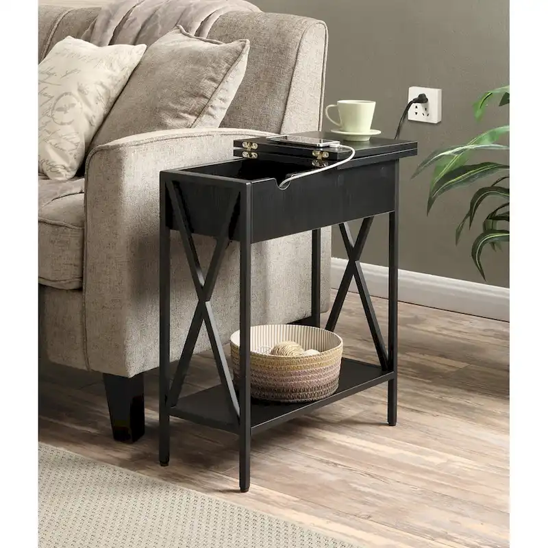 Tucson Flip Top End Table with Charging Station and Shelf