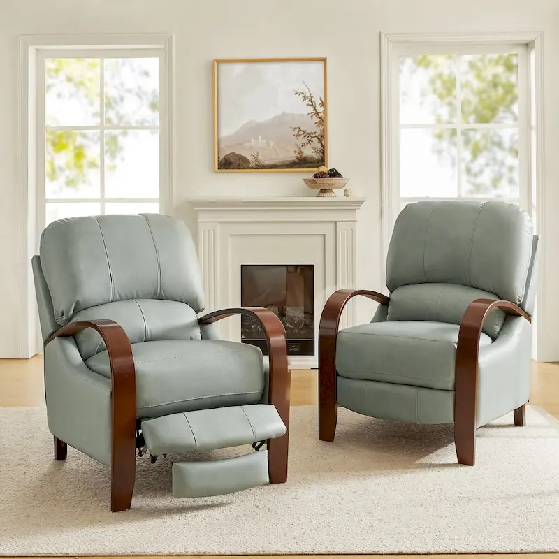 Alex Mid-century Modern Cigar Genuine Leather Manual Recliner with Wooden Curved Arms, Set of 2