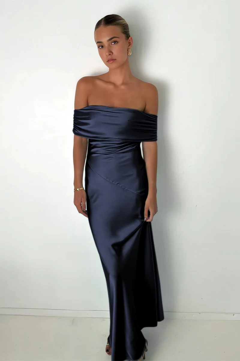 Aqua Sheath Off The Shoulder Satin Long Prom Dresses